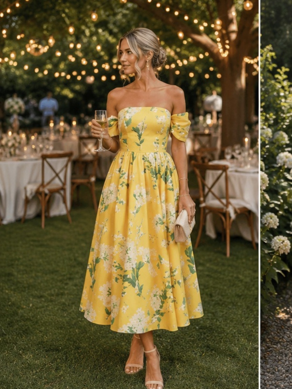 Sunny Yellow Off-Shoulder Floral Midi Dress، rare to find it - Picture 12 of 16